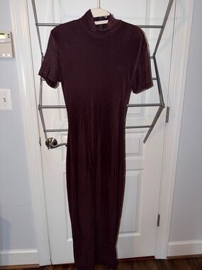 Short Sleeve Mock Neck Maxi Dress - Dark Brown